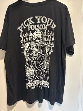 Grim Reaper 2 monkeys Pick Your Poison black graphic Good Vibes Only tee.